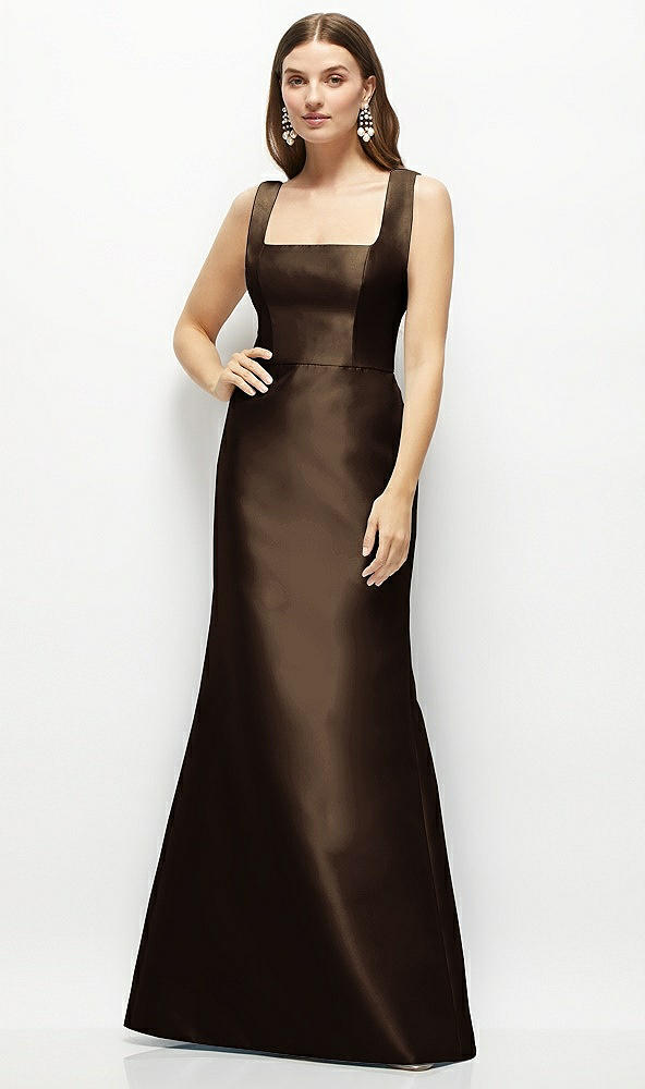 Front View - Espresso Satin Square Neck Fit and Flare Maxi Dress