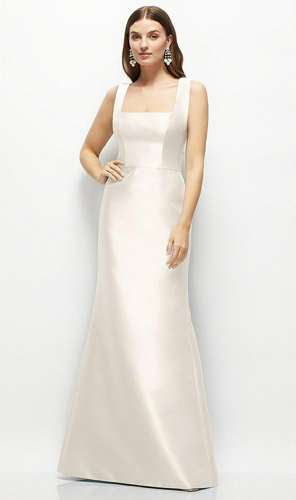 Front View - Ivory Satin Square Neck Fit and Flare Maxi Dress