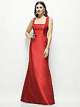 Front View Thumbnail - Poppy Red Satin Square Neck Fit and Flare Maxi Dress