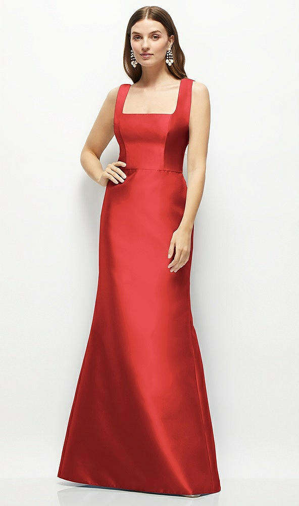 Front View - Poppy Red Satin Square Neck Fit and Flare Maxi Dress