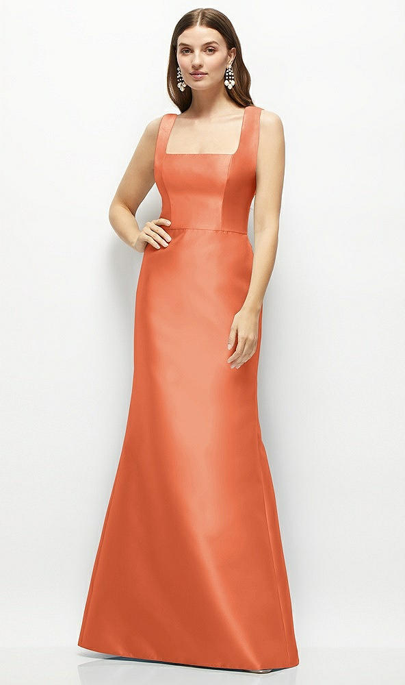 Front View - Portofino Orange Satin Square Neck Fit and Flare Maxi Dress