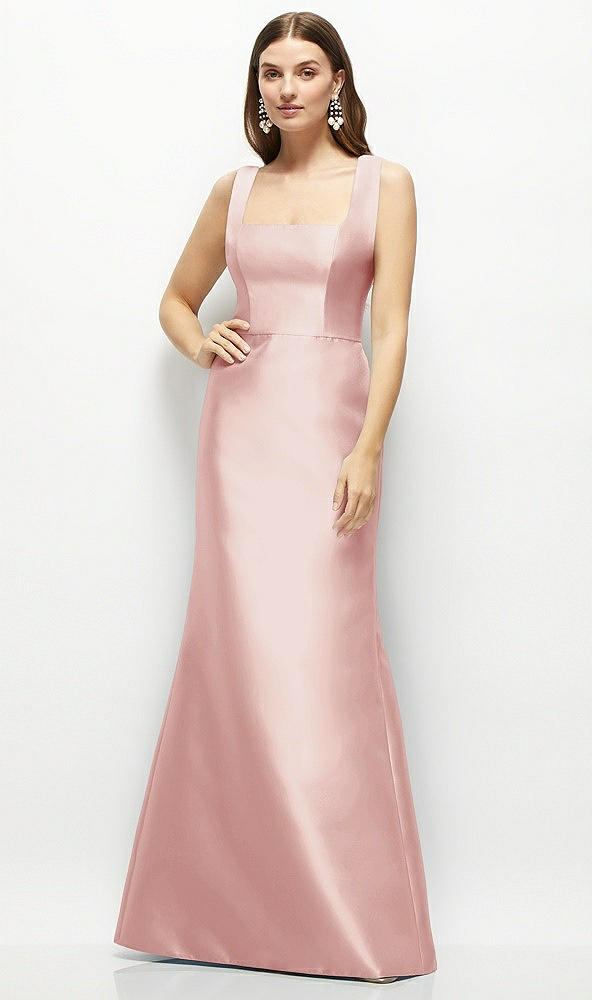 Front View - Rose Satin Square Neck Fit and Flare Maxi Dress