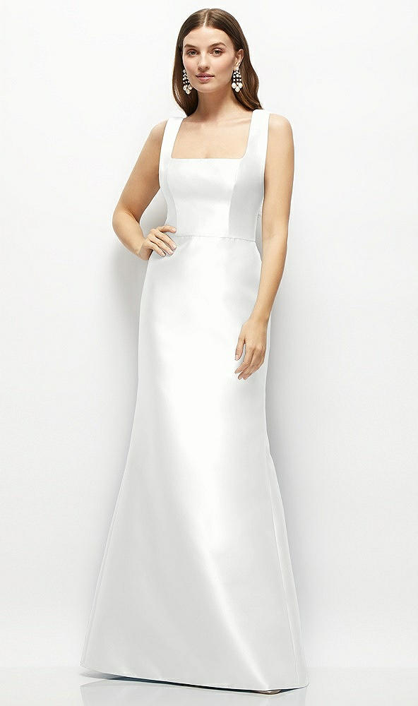 Front View - White Satin Square Neck Fit and Flare Maxi Dress