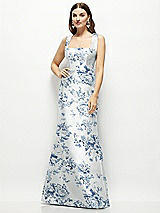Front View Thumbnail - Cottage Rose Larkspur Floral Satin Square Neck Fit and Flare Maxi Dress