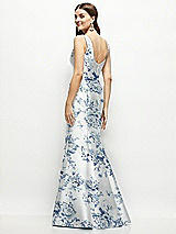 Rear View Thumbnail - Cottage Rose Larkspur Floral Satin Square Neck Fit and Flare Maxi Dress