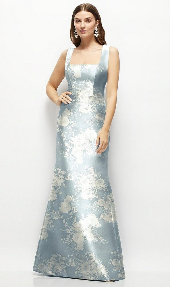 Front View - Porcelain Blue Seraphina Floral Floral Satin Square Neck Fit and Flare Maxi Dress