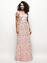 Front View Thumbnail - Rose 3D Floral Embroidered Puff Sleeve A-line Maxi Dress with Petal-Adorned Illusion Neckline