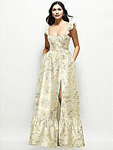 Front View Thumbnail - Butter Yellow Floral Floral Satin Corset Maxi Dress with Ruffle Straps & Skirt