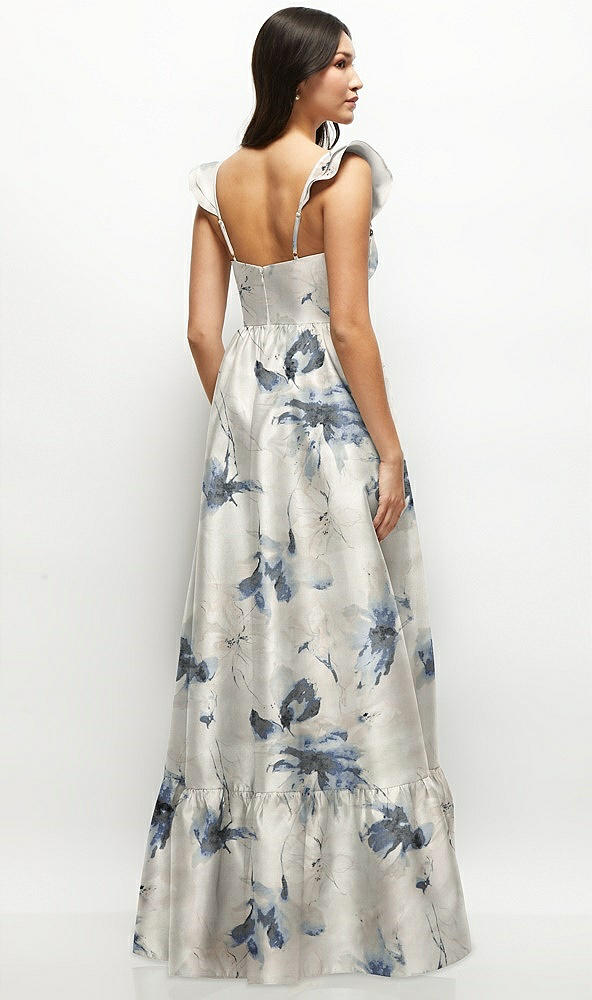 Back View - Inkwash Blue Floral Floral Satin Corset Maxi Dress with Ruffle Straps & Skirt