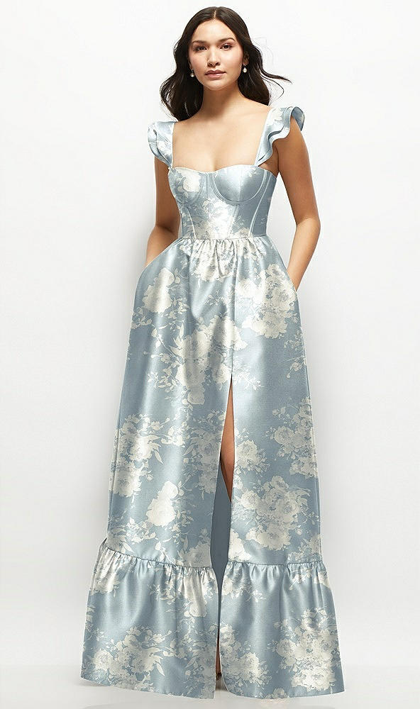 Front View - Porcelain Blue Seraphina Floral Floral Satin Corset Maxi Dress with Ruffle Straps & Skirt