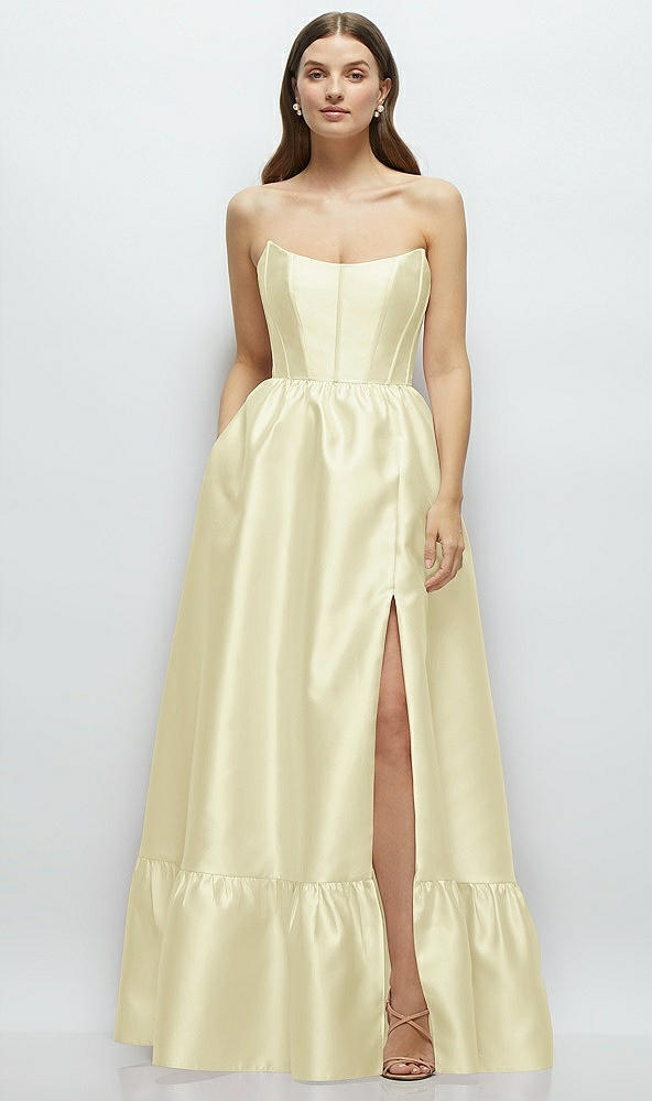 Front View - Butter Yellow Strapless Cat-Eye Boned Bodice Maxi Dress with Ruffle Hem