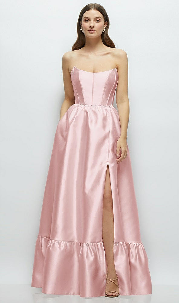 Front View - Ballet Pink Strapless Cat-Eye Boned Bodice Maxi Dress with Ruffle Hem