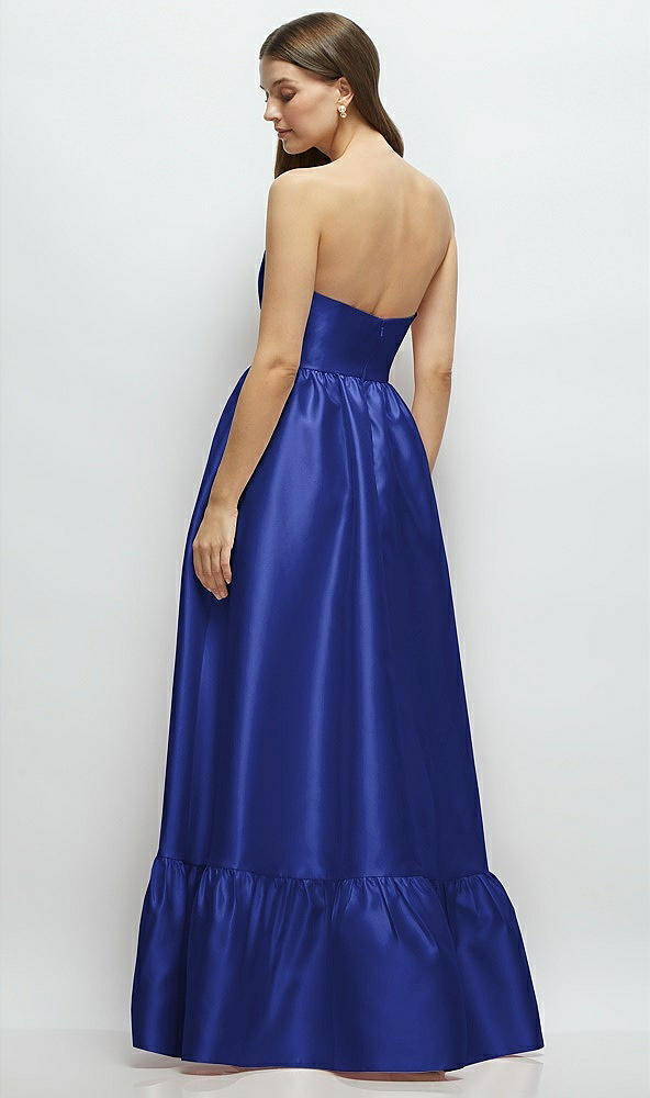 Back View - Cobalt Blue Strapless Cat-Eye Boned Bodice Maxi Dress with Ruffle Hem