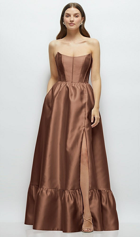 Front View - Cognac Strapless Cat-Eye Boned Bodice Maxi Dress with Ruffle Hem