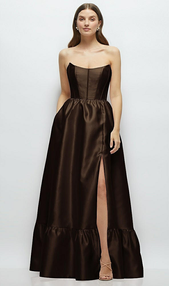 Front View - Espresso Strapless Cat-Eye Boned Bodice Maxi Dress with Ruffle Hem
