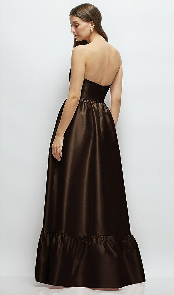 Back View - Espresso Strapless Cat-Eye Boned Bodice Maxi Dress with Ruffle Hem