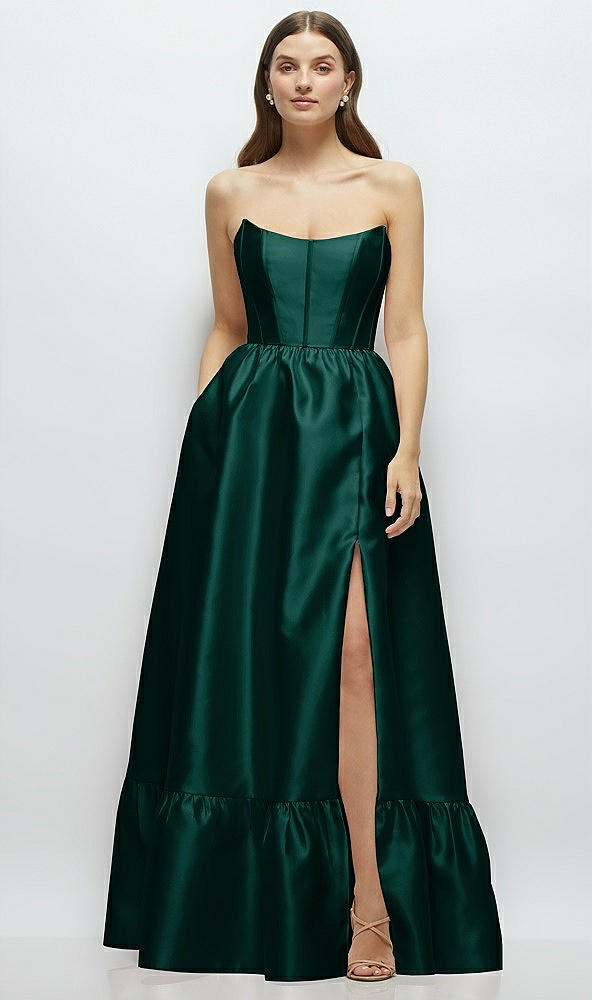 Front View - Evergreen Strapless Cat-Eye Boned Bodice Maxi Dress with Ruffle Hem