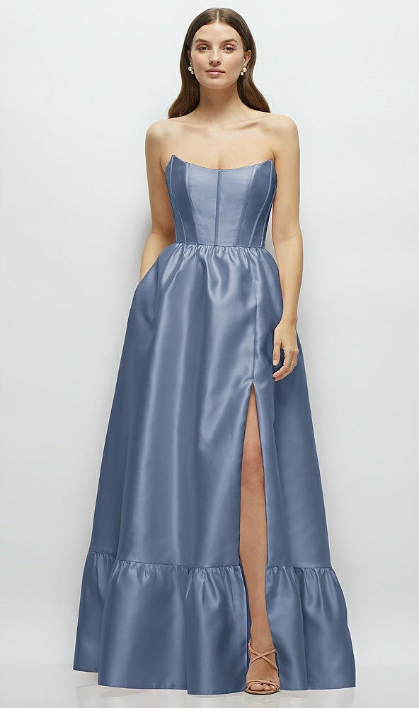 Front View - Larkspur Blue Strapless Cat-Eye Boned Bodice Maxi Dress with Ruffle Hem