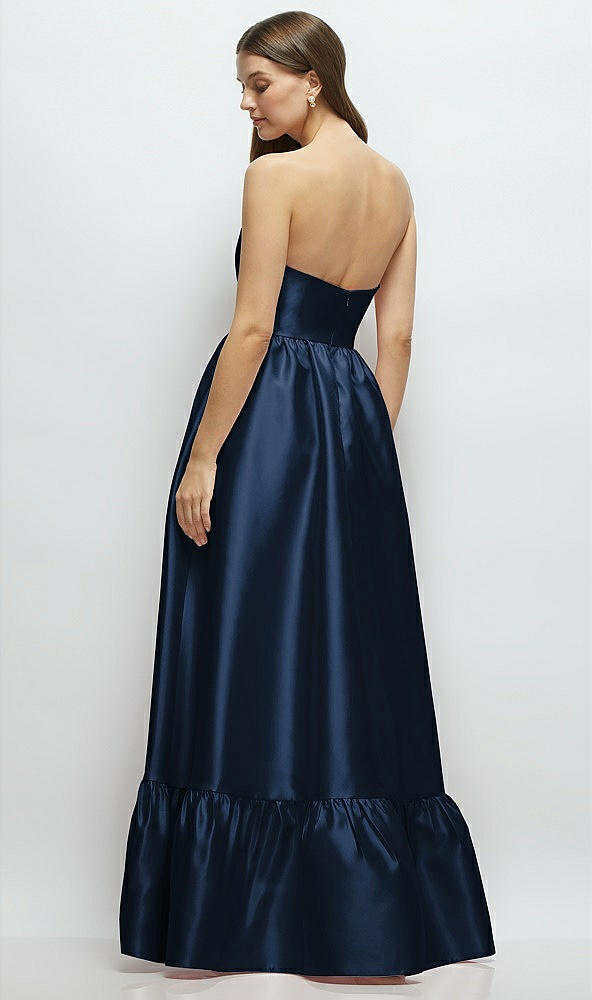 Back View - Midnight Navy Strapless Cat-Eye Boned Bodice Maxi Dress with Ruffle Hem