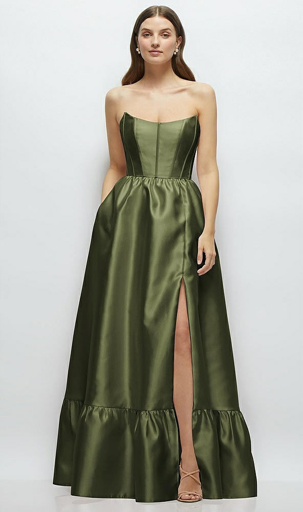 Front View - Olive Green Strapless Cat-Eye Boned Bodice Maxi Dress with Ruffle Hem