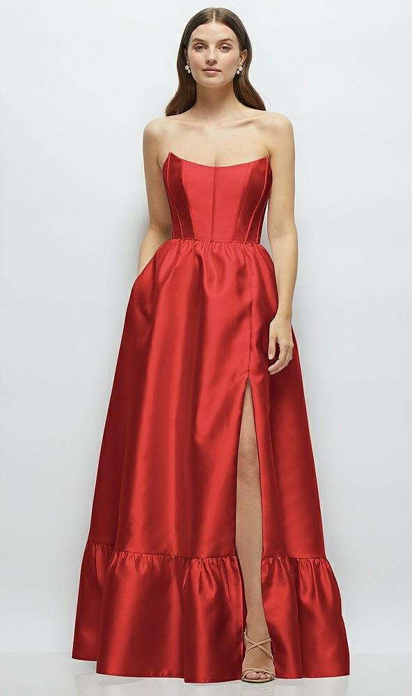 Front View - Poppy Red Strapless Cat-Eye Boned Bodice Maxi Dress with Ruffle Hem