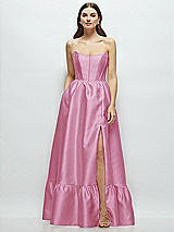 Front View Thumbnail - Powder Pink Strapless Cat-Eye Boned Bodice Maxi Dress with Ruffle Hem