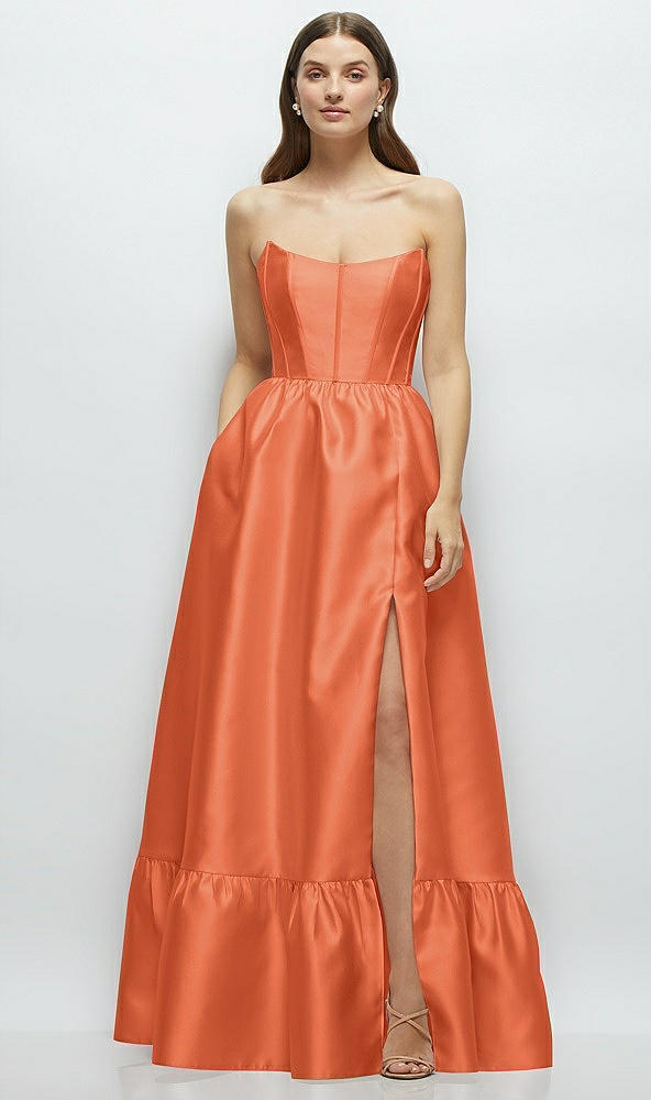 Front View - Portofino Orange Strapless Cat-Eye Boned Bodice Maxi Dress with Ruffle Hem