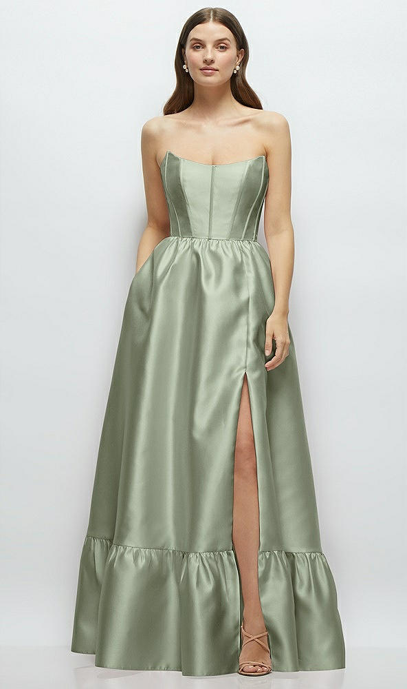Front View - Sage Strapless Cat-Eye Boned Bodice Maxi Dress with Ruffle Hem