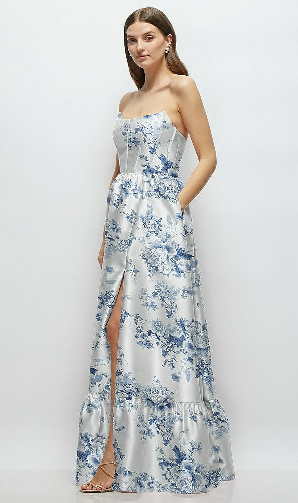 Front View - Cottage Rose Larkspur Floral Strapless Cat-Eye Boned Bodice Maxi Dress with Ruffle Hem