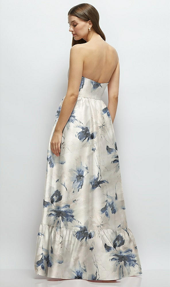 Back View - Inkwash Blue Floral Floral Strapless Cat-Eye Boned Bodice Maxi Dress with Ruffle Hem