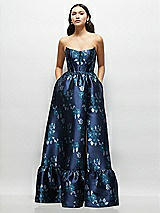 Front View Thumbnail - Midnight Navy Damask Navy Rose Damask Strapless Cat-Eye Bodice Maxi Dress with Ruffle Hem