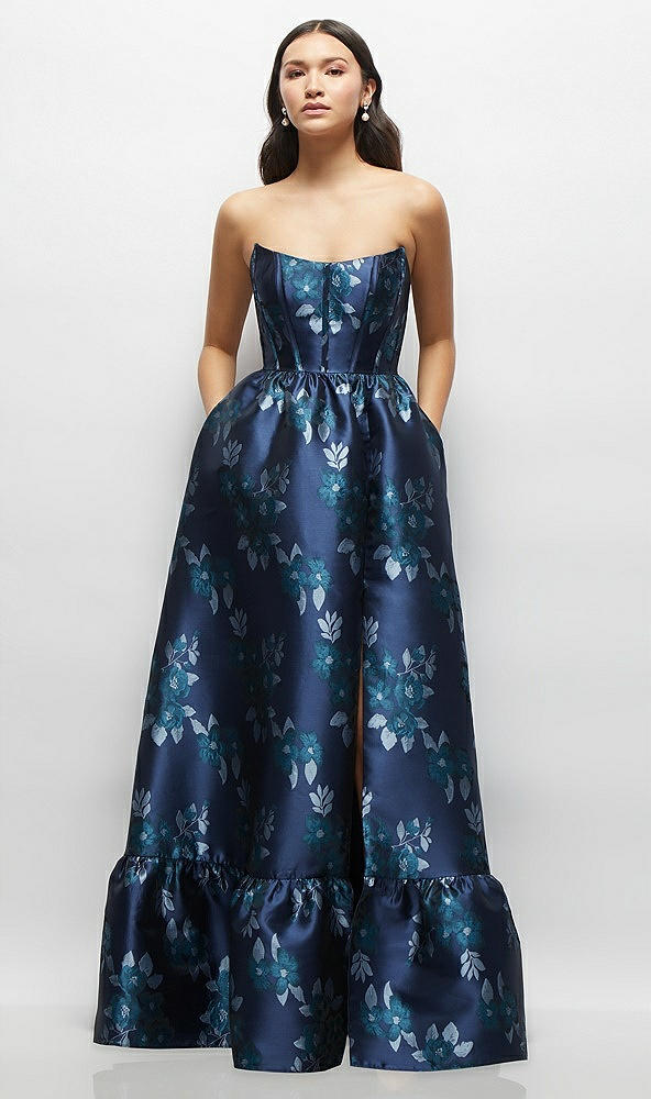 Front View - Midnight Navy Damask Navy Rose Damask Strapless Cat-Eye Bodice Maxi Dress with Ruffle Hem