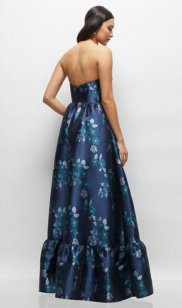 Back View - Midnight Navy Damask Navy Rose Damask Strapless Cat-Eye Bodice Maxi Dress with Ruffle Hem