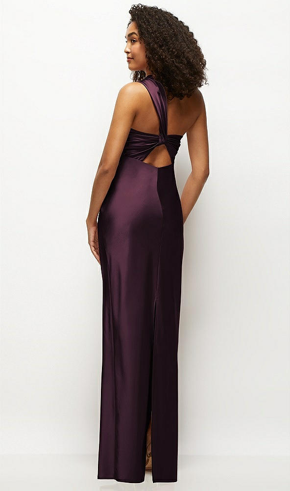 Back View - Deep Plum Satin Twist Bandeau One-Shoulder Bias Maxi Dress