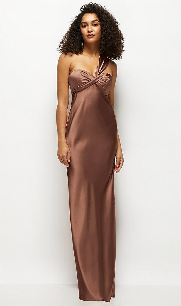 Front View - Cognac Satin Twist Bandeau One-Shoulder Bias Maxi Dress