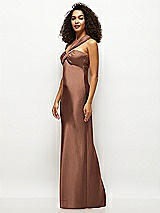 Side View Thumbnail - Cognac Satin Twist Bandeau One-Shoulder Bias Maxi Dress