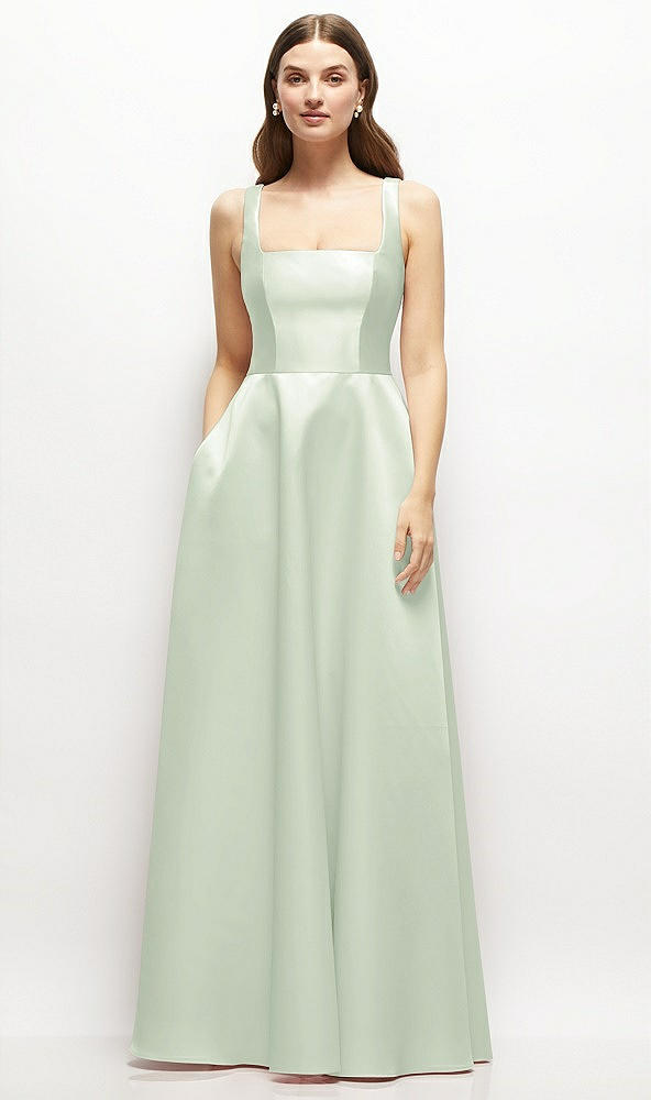 Front View - Mint Green Square-Neck Satin Maxi Dress with Full Skirt