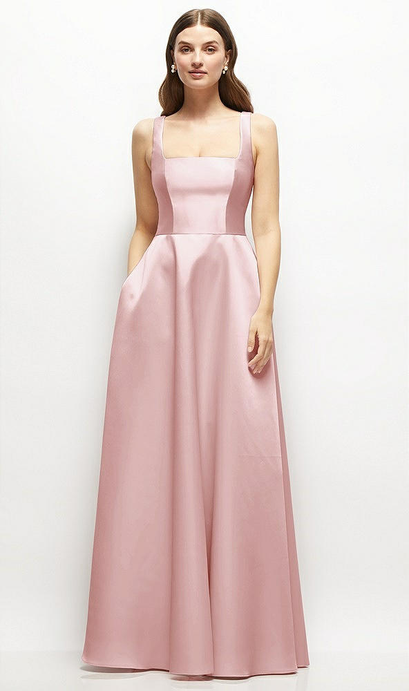 Front View - Ballet Pink Square-Neck Satin Maxi Dress with Full Skirt