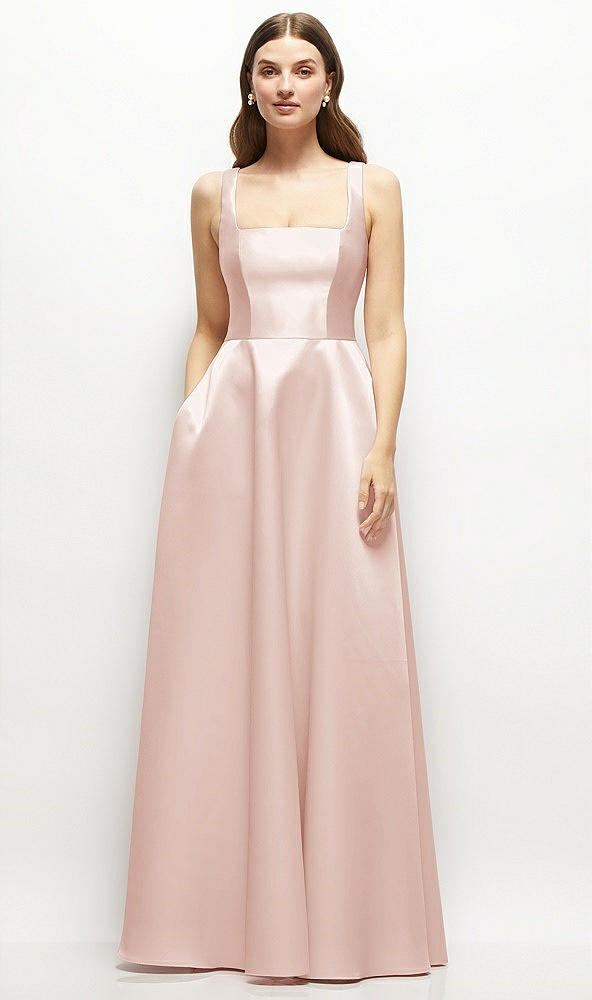 Front View - Blush Square-Neck Satin Maxi Dress with Full Skirt