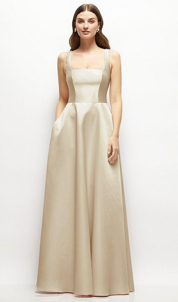 Front View - Champagne Square-Neck Satin Maxi Dress with Full Skirt