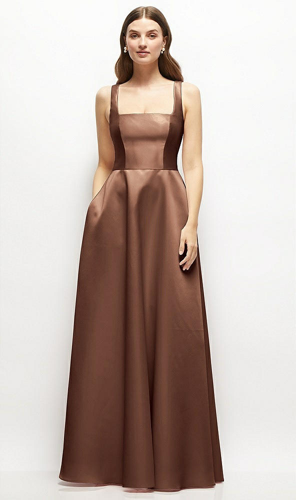 Front View - Cognac Square-Neck Satin Maxi Dress with Full Skirt