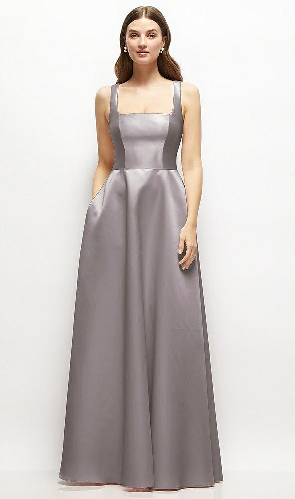 Front View - Cashmere Gray Square-Neck Satin Maxi Dress with Full Skirt