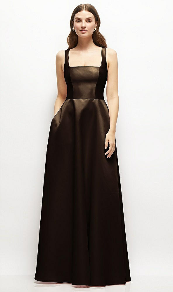 Front View - Espresso Square-Neck Satin Maxi Dress with Full Skirt