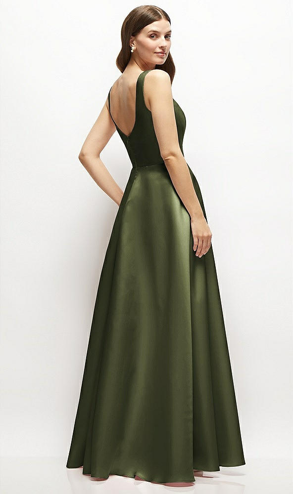Back View - Olive Green Square-Neck Satin Maxi Dress with Full Skirt