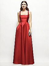 Front View Thumbnail - Poppy Red Square-Neck Satin Maxi Dress with Full Skirt