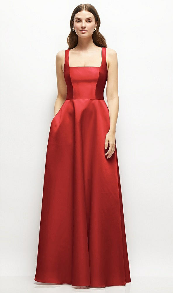 Front View - Poppy Red Square-Neck Satin Maxi Dress with Full Skirt