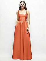 Front View Thumbnail - Portofino Orange Square-Neck Satin Maxi Dress with Full Skirt