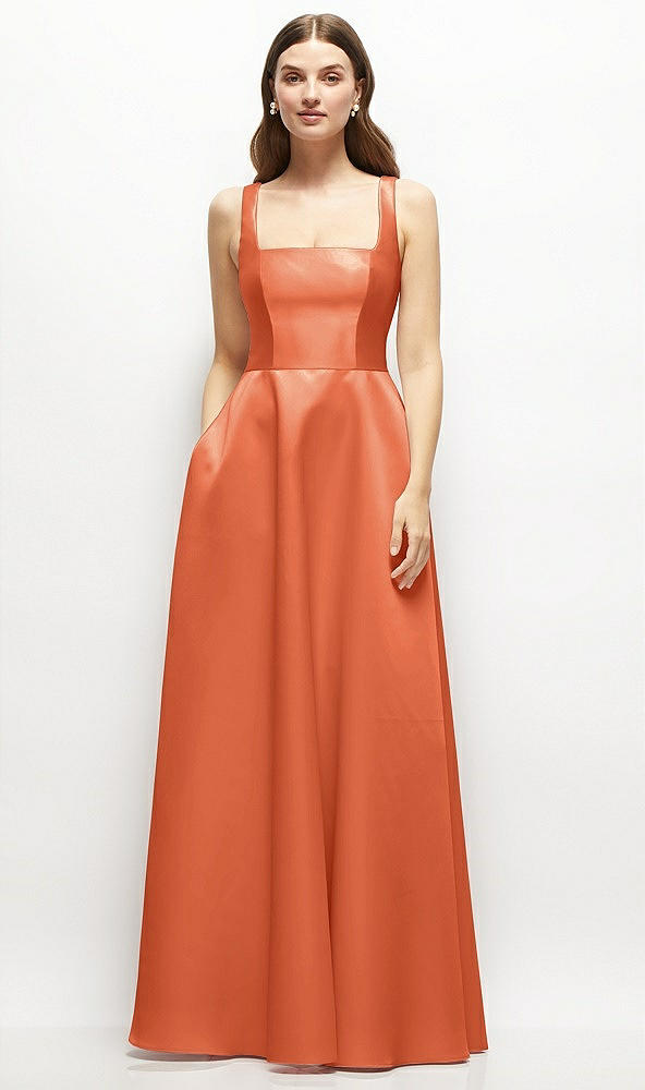 Front View - Portofino Orange Square-Neck Satin Maxi Dress with Full Skirt