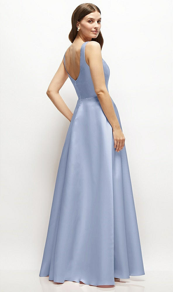 Back View - Sky Blue Square-Neck Satin Maxi Dress with Full Skirt