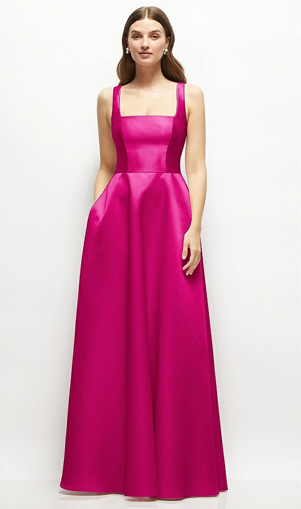 Front View - Think Pink Square-Neck Satin Maxi Dress with Full Skirt